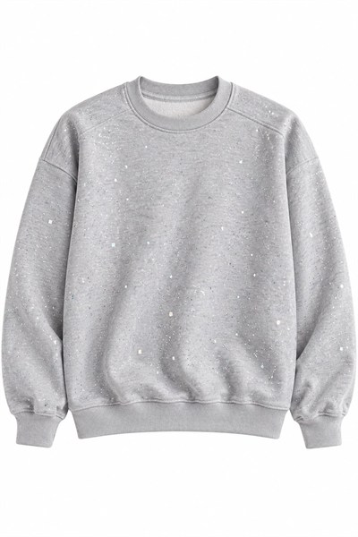 Gri Bisiklet Yaka Işıltılı Sweatshirt