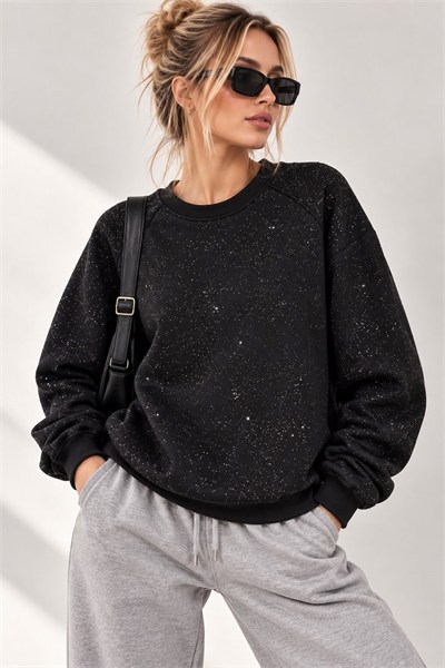 Siyah Işıltılı Bisiklet Yaka Sweatshirt