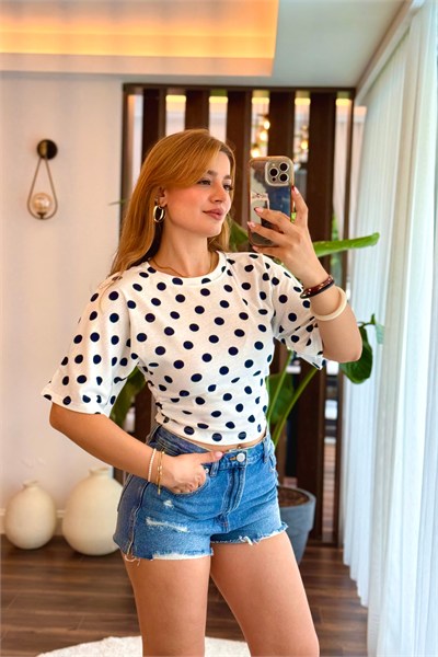 Lacivert Puantiye Desenli Likralı Bluz