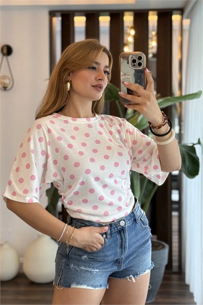 Pembe Puantiyeli Bisiklet Yaka Bluz