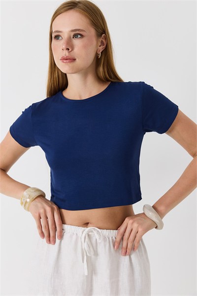 Lacivert Bisiklet Yaka Crop Bluz