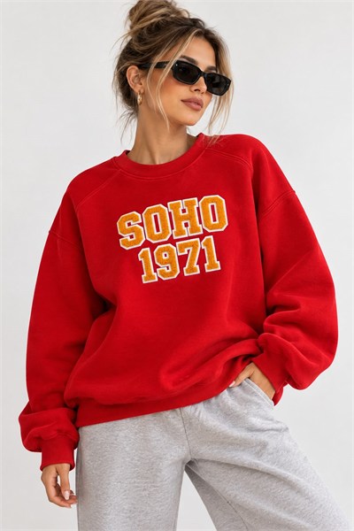 Kırmızı Baskılı Oversize Şardonlu Sweatshirt
