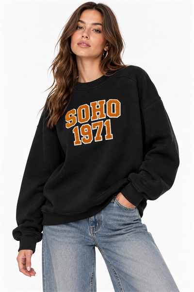 Siyah Baskılı Oversize Şardonlu Sweatshirt