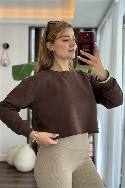 Kahverengi Bisiklet Yaka Sweatshirt