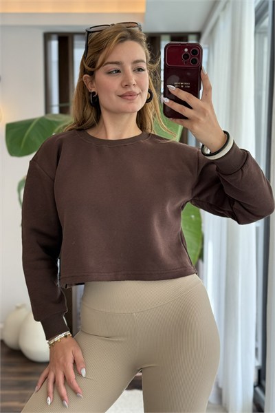 Kahverengi Bisiklet Yaka Sweatshirt