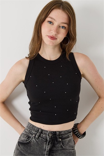 Siyah Taş Detaylı Crop Bluz