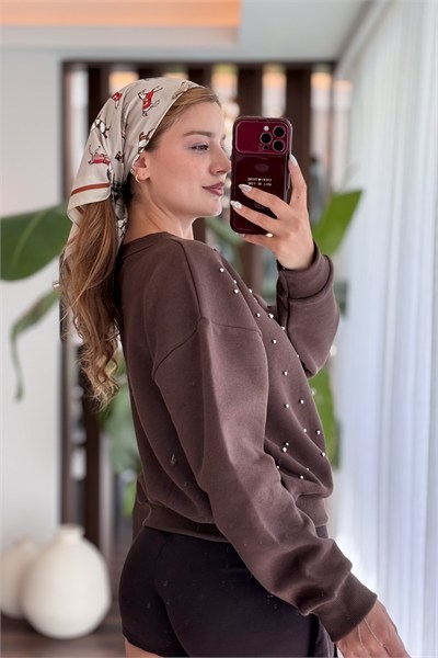 Kahverengi Taş Detaylı Sweatshirt