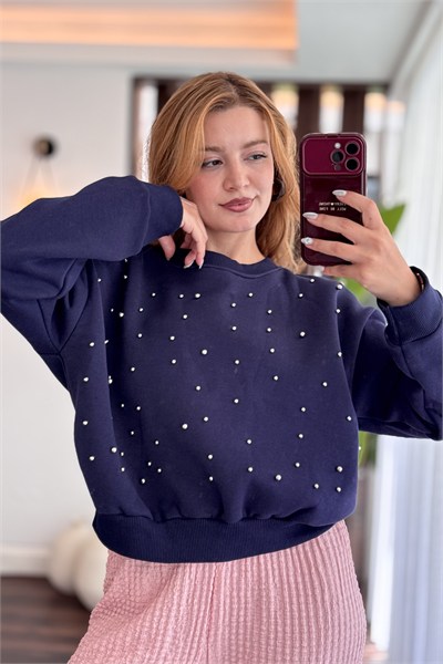 Lacivert Taş Detaylı Sweatshirt
