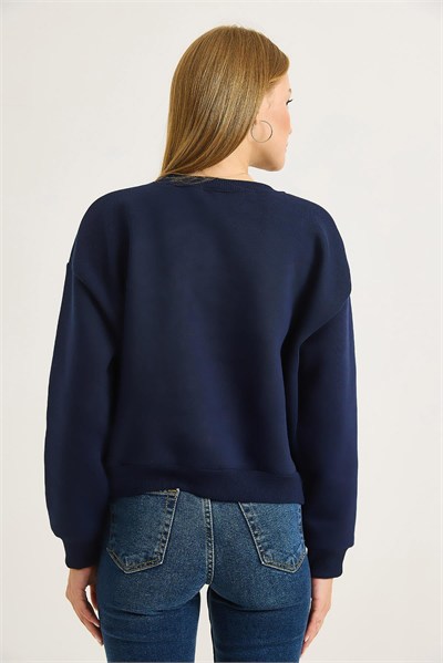 Lacivert Taşlı Bisiklet Yaka Sweatshirt