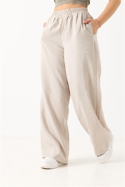 Ekru Beli Lastikli Tensel Pantolon