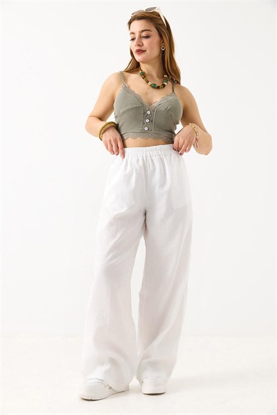 Beyaz Beli Lastikli Tensel Pantolon