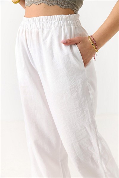 Beyaz Beli Lastikli Tensel Pantolon