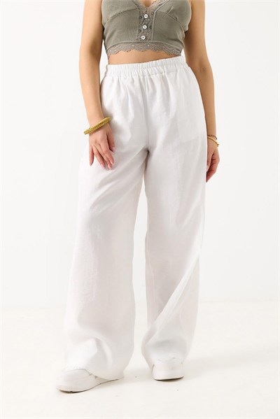 Beyaz Beli Lastikli Tensel Pantolon