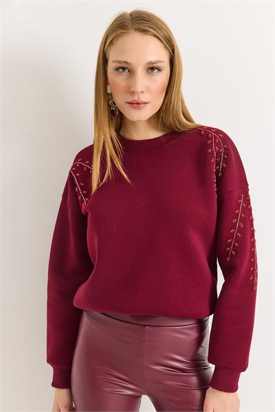 Bordo Boncuk İşlemeli Sweatshirt