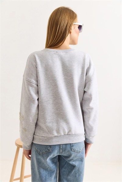 Gri Boncuk İşlemeli Sweatshirt