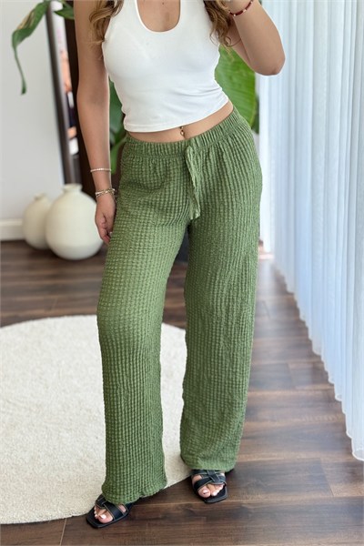Yeşil Bürümcük Beli Lastikli Pantolon