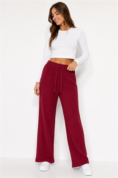 Bordo Bürümcük Beli Lastikli Pantolon