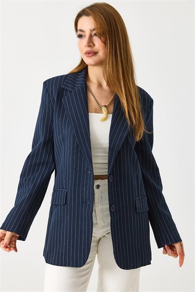 Lacivert Çizgili Blazer Ceket