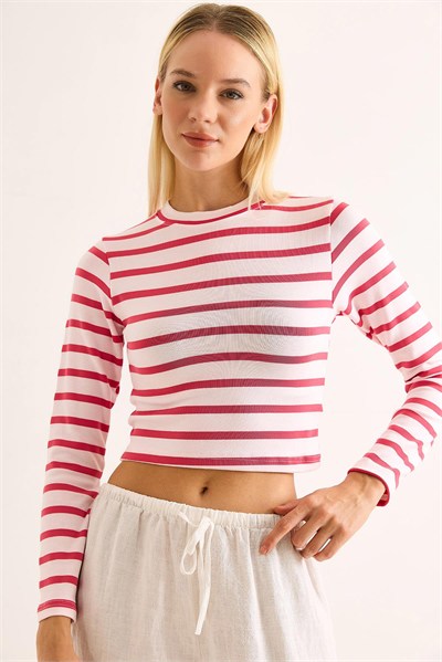 Fuşya Çizgili Crop Bluz