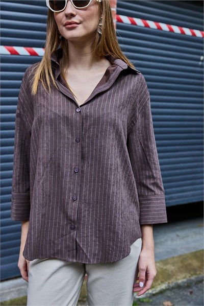 Kahverengi Çizgili Oversize Süet Gömlek