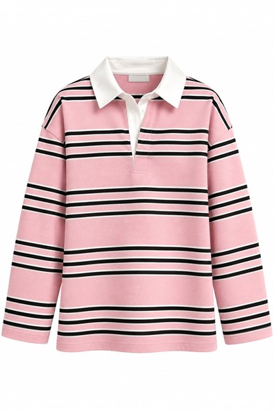 Pembe Çizgili Polo Yaka Sweatshirt