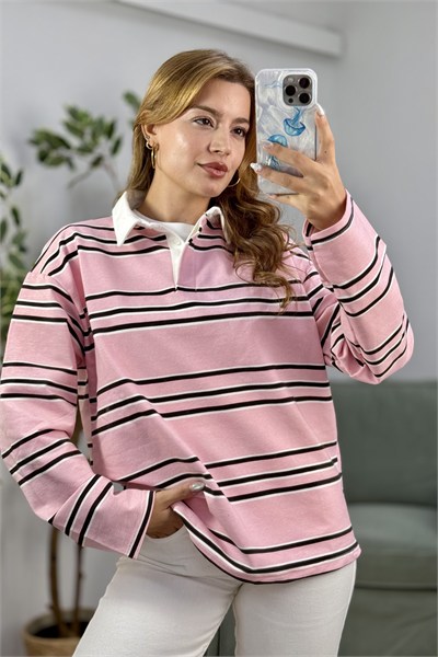 Pembe Çizgili Polo Yaka Sweatshirt