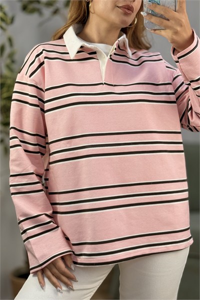 Pembe Çizgili Polo Yaka Sweatshirt