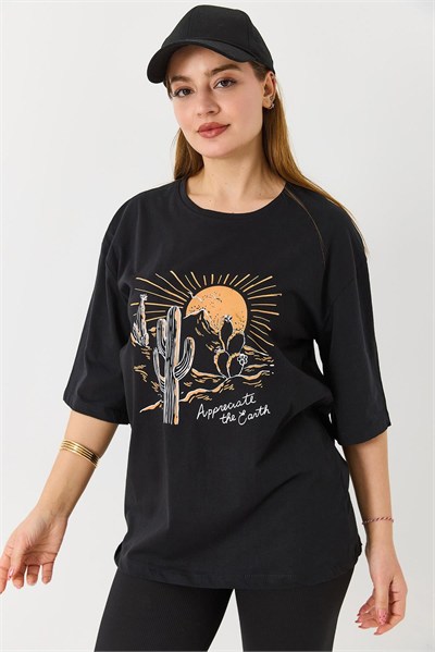 Siyah Çöl Baskılı Bisiklet Tişört