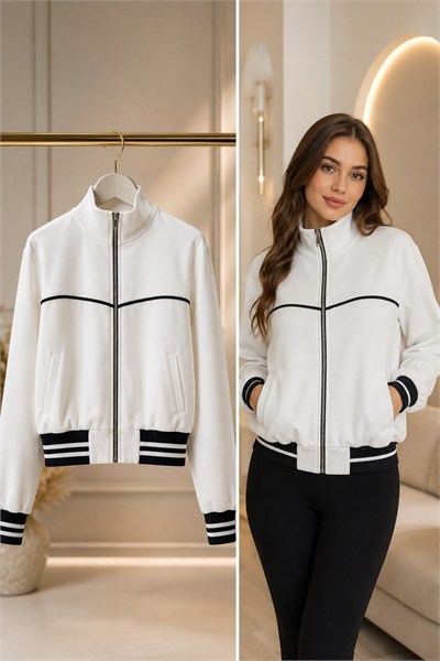 Beyaz Dik Yaka Fermuarlı Sweatshirt