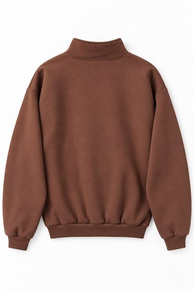 Kahverengi Yarım Fermuarlı Baskılı Sweatshirt