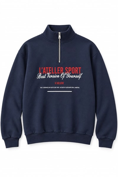 Lacivert Yarım Fermuarlı Baskılı Sweatshirt