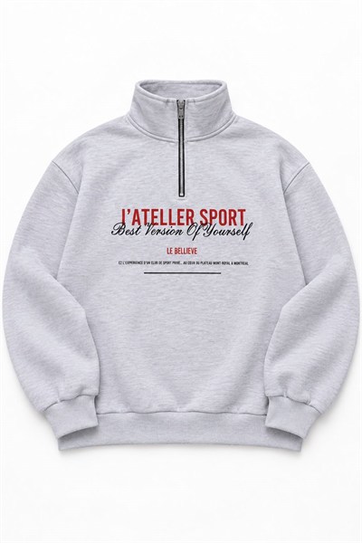 Gri Yarım Fermuarlı Baskılı Sweatshirt