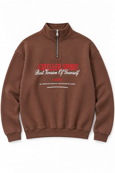Kahverengi Yarım Fermuarlı Baskılı Sweatshirt
