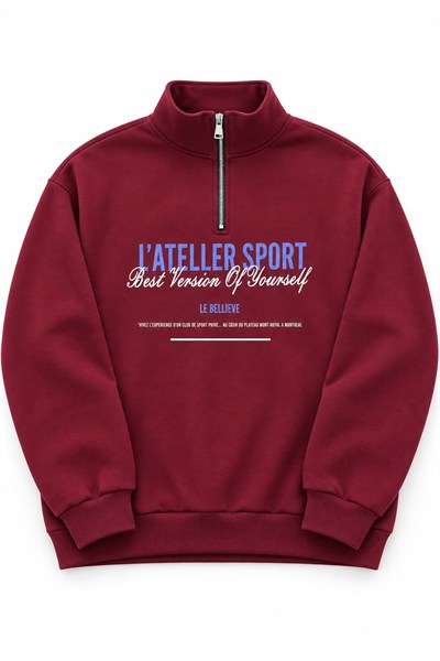 Bordo Fermuarlı Baskılı Sweatshirt