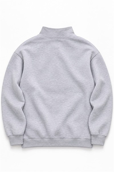 Gri Yarım Fermuarlı Baskılı Sweatshirt