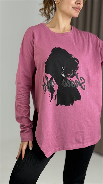 Pembe Figür Baskılı Oversize Tişört