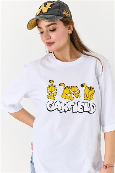 Beyaz Garfield Baskılı Yırtmaçlı Tişört