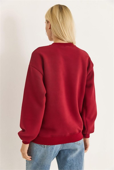Bordo Geyik Nakışlı Sweatshirt