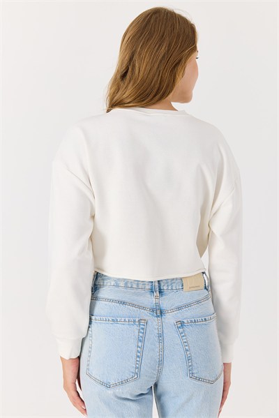Beyaz İki İplik Crop Sweatshirt
