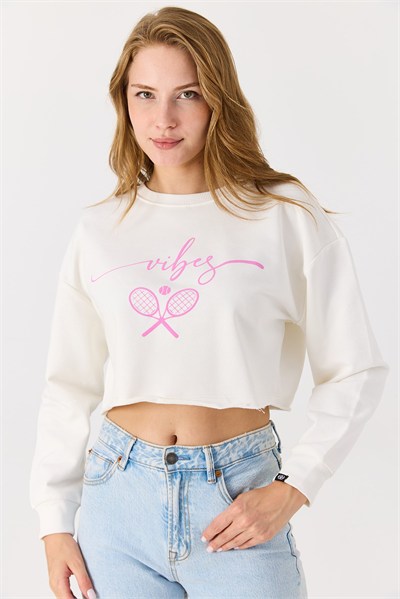 Beyaz İki İplik Crop Sweatshirt