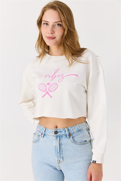 Beyaz İki İplik Crop Sweatshirt