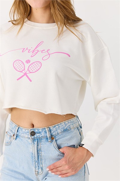 Beyaz İki İplik Crop Sweatshirt