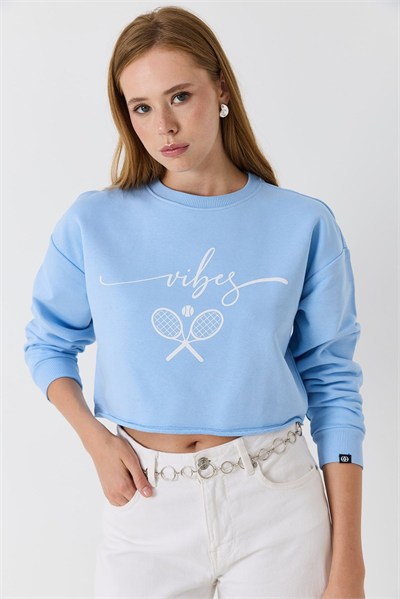 Mavi Baskılı Crop Sweatshirt
