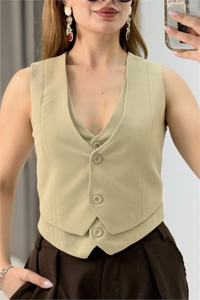 Vizon Düğmeli Crop Yelek