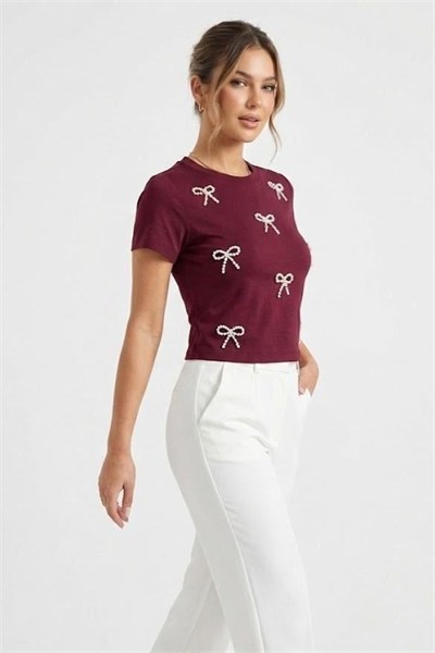 Bordo İnci Fiyonklu Crop Bluz