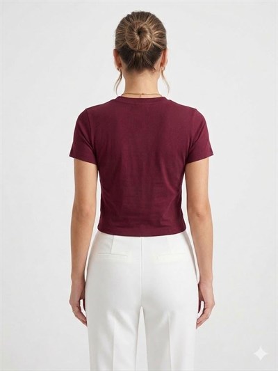 Bordo İnci Fiyonklu Crop Bluz