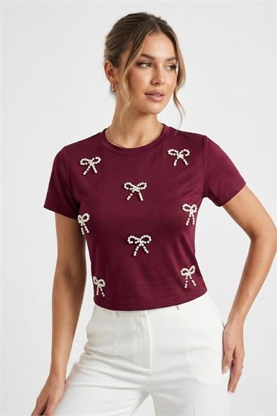Bordo İnci Fiyonklu Crop Bluz