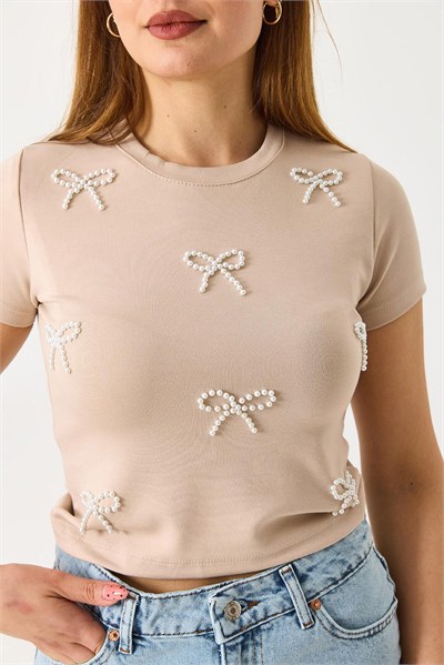 Krem İnci Fiyonklu Crop Bluz