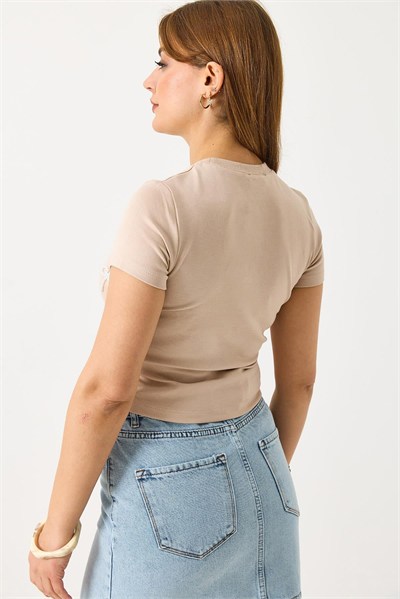 Krem İnci Fiyonklu Crop Bluz