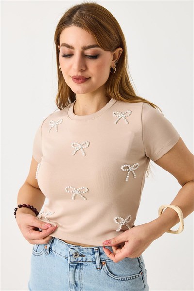 Krem İnci Fiyonklu Crop Bluz